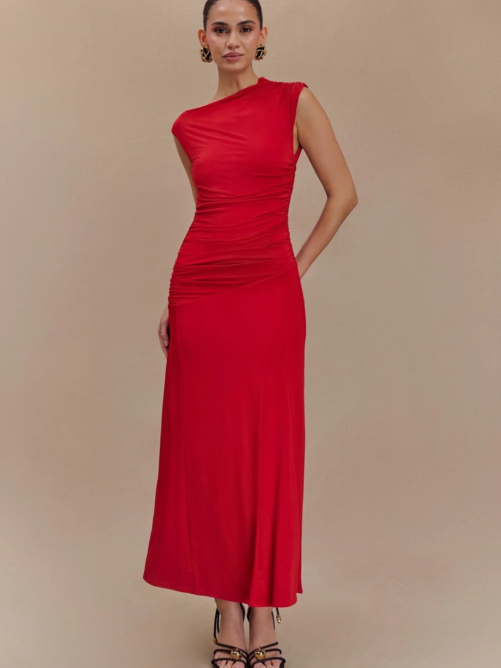 Meshki Red Navanna Asymmetric Slinky Midi Dress